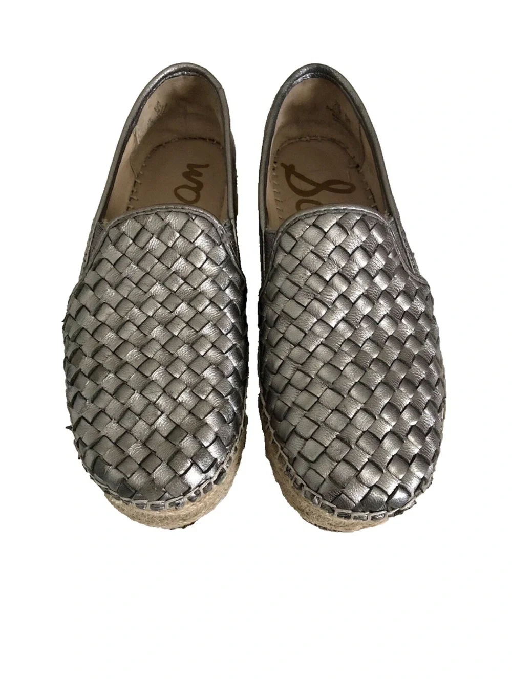 SAM EDELMAN CATHERINE Metallic Gray Silver Woven Leather Espadrille Loafers sz10